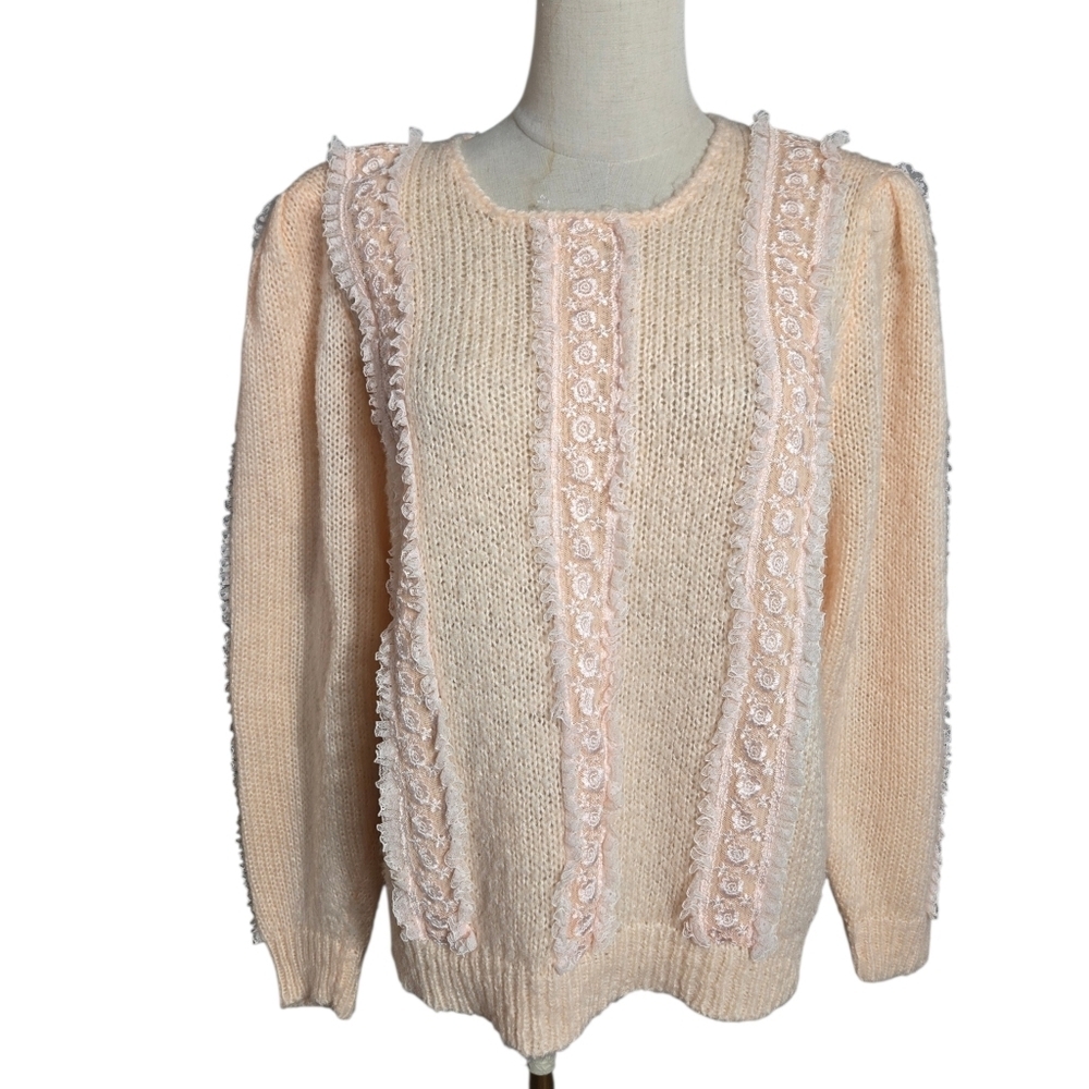 Shenanigans Light Peach Vintage Floral Lace Trimmed Sweater